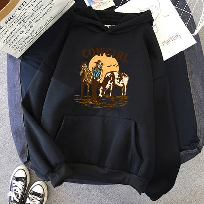 The Cowgirl And Her Cow And Horse Live In The West Hoodies