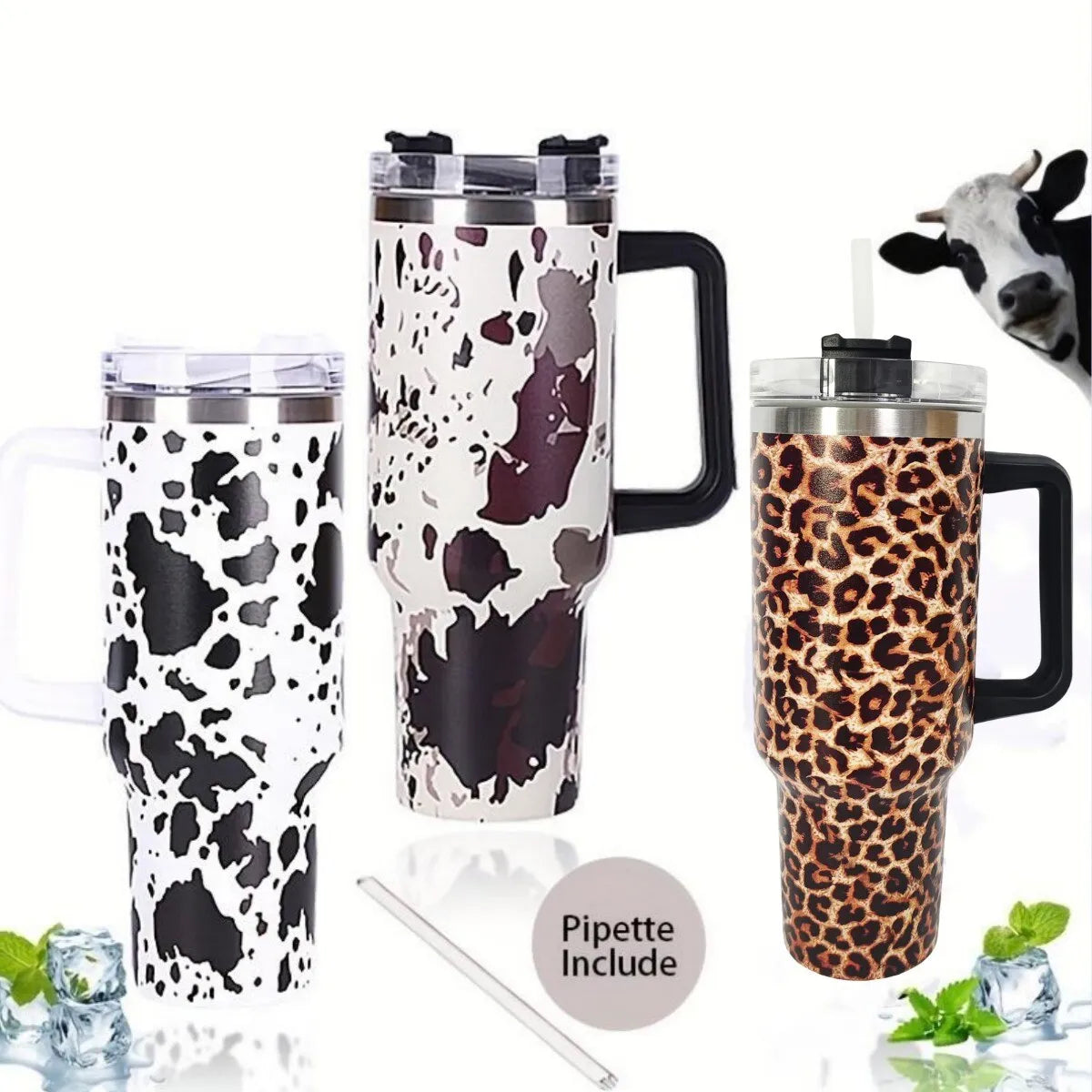1Pc 40oz Cow Print Insulated Tumbler With Lid And Straw,Stainless Steel Coffee Tumbler with Handle,Double Vacuum Leak Proof Mug
