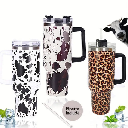 1Pc 40oz Cow Print Insulated Tumbler With Lid And Straw,Stainless Steel Coffee Tumbler with Handle,Double Vacuum Leak Proof Mug