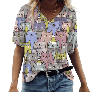 Cartoon Cats Print Women T-Shirt