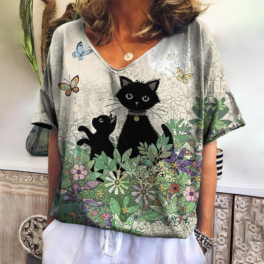 Cartoon Cats Print Women T-Shirt - myfunfarm