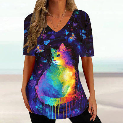 Colourful Cat painting print Tie-dye Graphic  V-Neck  Female Tees - myfunfarm