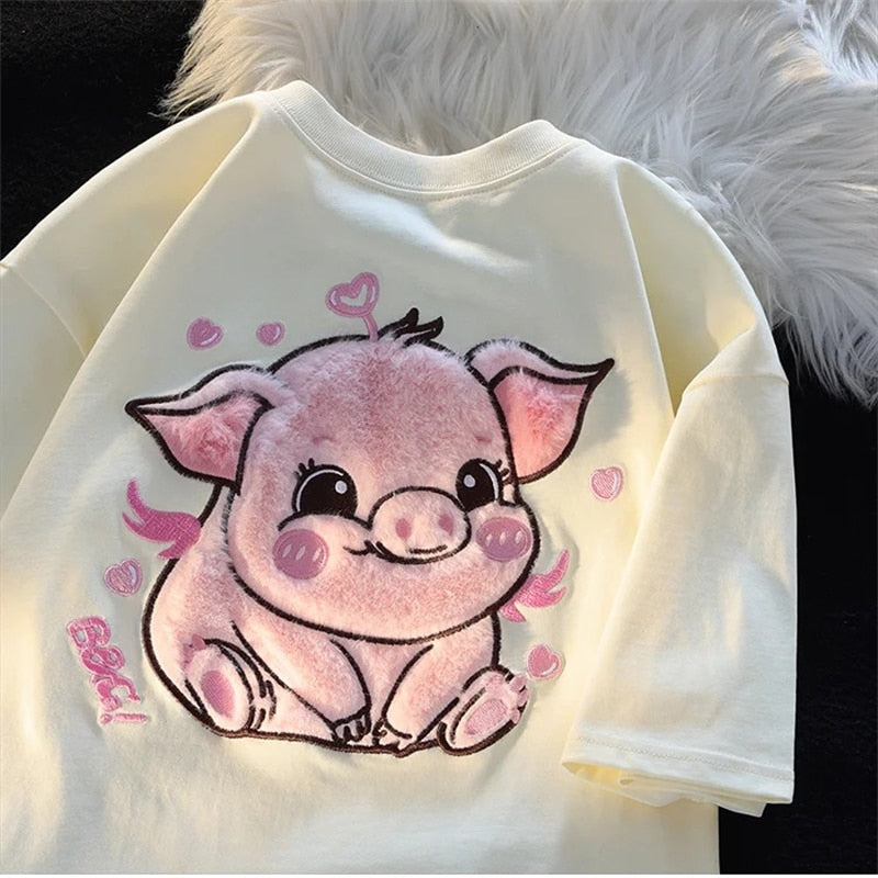 Adorable Pink Pig Plush Embroidered Short Sleeve Women's T-Shirt - myfunfarm