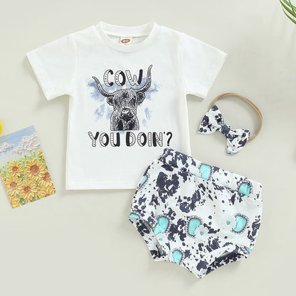 Summer Toddler Newborn Bbay Boys Girls Clothes Sets Cattle Print Short Sleeve Cotton T-shirts+Shorts+Headband Outfits