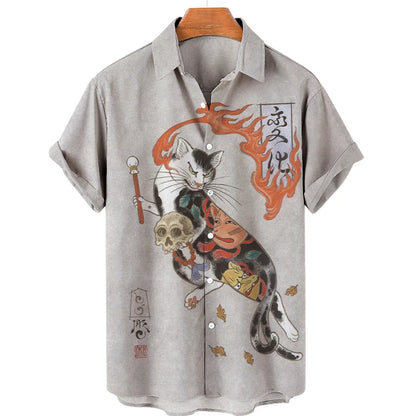 Hawaiian Shirts Japanese Art style Cat print - myfunfarm