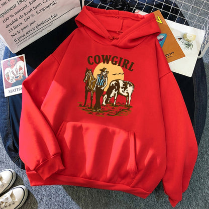 The Cowgirl And Her Cow And Horse Live In The West Hoodies