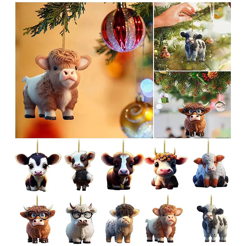 2d  Cute Cartoon Cow Car Pendant Home Tree Decoration, Christmas Tree Ornament, Home Decor, Window Wall Hanging