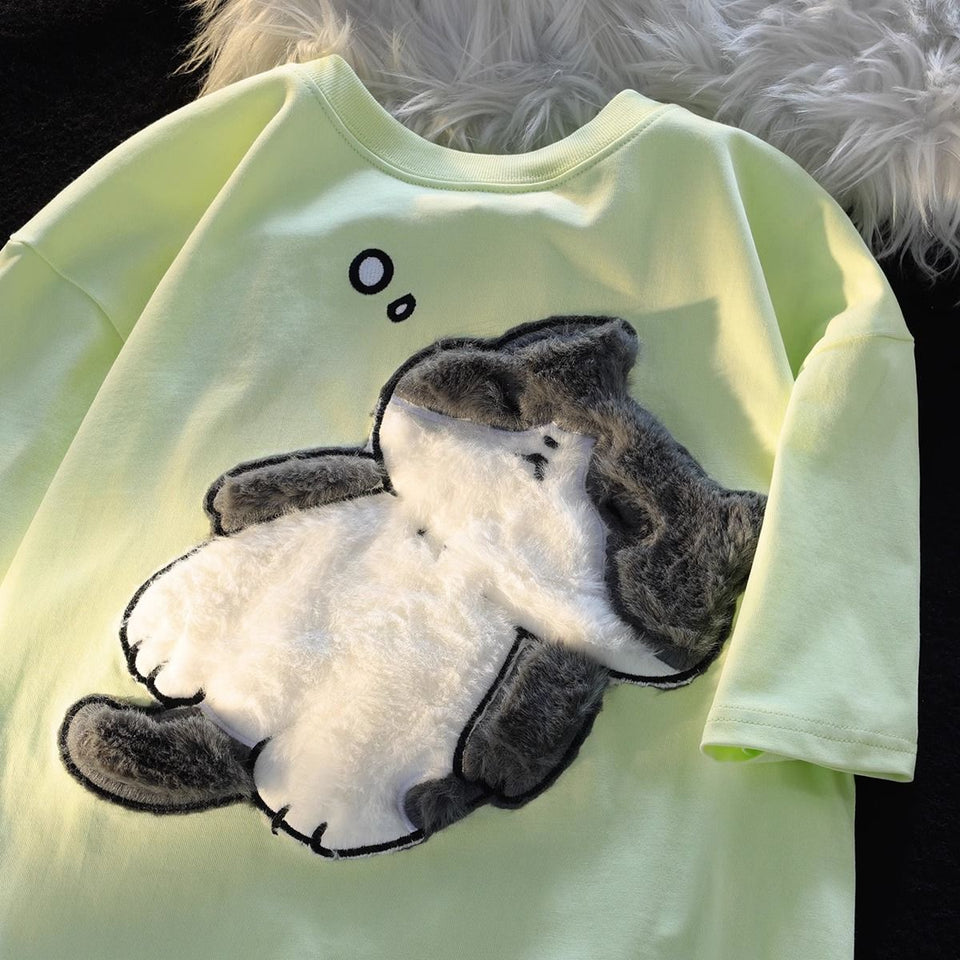 Cute Cartoon Cat Cotton Embroidered  T-shirt for Women