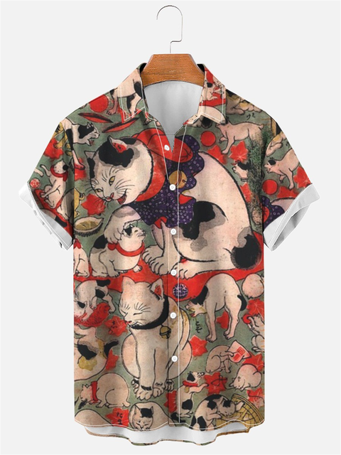Hawaiian Shirt Cute Cartoon Cat print - myfunfarm