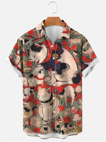 Hawaiian Shirt Cute Cartoon Cat print - myfunfarm
