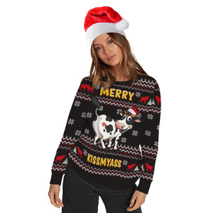 Funny Cow Merry KissMYASS  Sweaters Unisex Holiday Party Xmas Sweatshirts