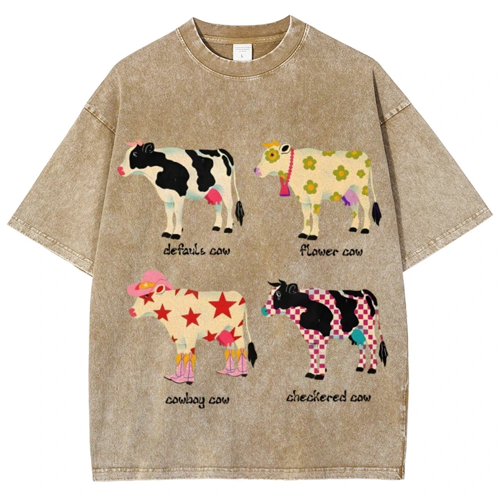 Cute Cartoon Cow Print T-Shirt Pure Cotton Washed - myfunfarm
