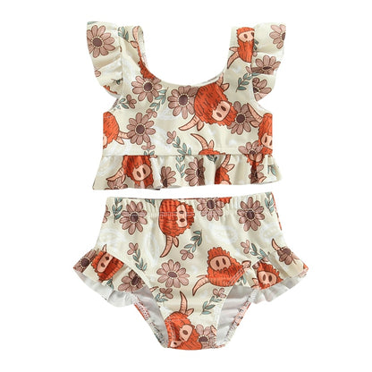 Toddler Kids Baby Girl Swimsuits 6M-3Y Floral/Cattle Print Ruffles Short Sleeve Crop Tops+Shorts Bathing Suits Beachwear - myfunfarm