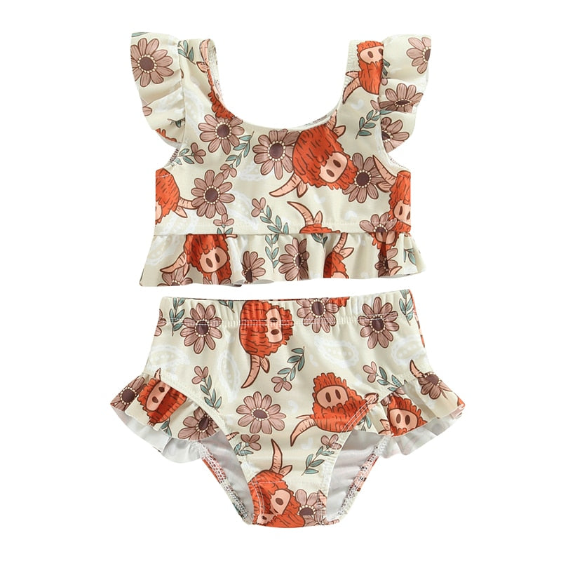 Toddler Kids Baby Girl Swimsuits 6M-3Y Floral/Cattle Print Ruffles Short Sleeve Crop Tops+Shorts Bathing Suits Beachwear