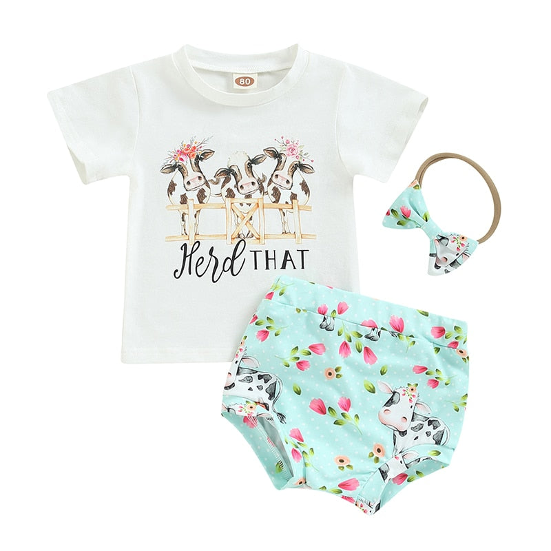 Summer Toddler Newborn Bbay Boys Girls Clothes Sets Cattle Print Short Sleeve Cotton T-shirts+Shorts+Headband Outfits