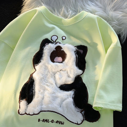 Cute Cat  Plush Embroidered Short Sleeve Women's T-Shirt