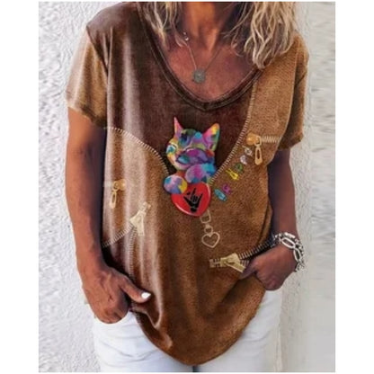 T-Shirt Cat Graphic V-neck Short Sleeve Tees Female