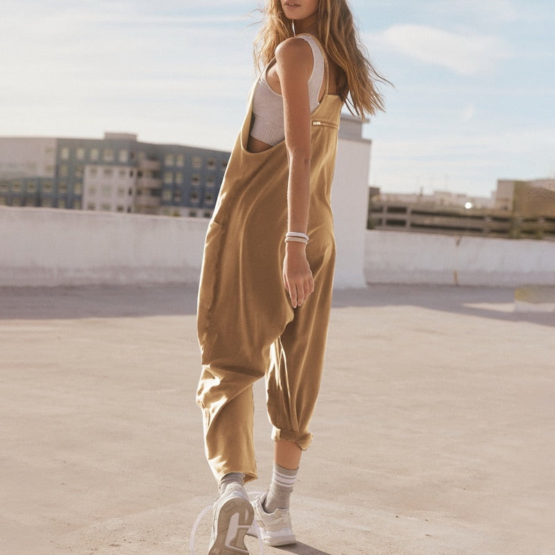 Women Casual Jumpsuit Summer Solid Loose Wide Leg Pants Bib Overall Pocket - myfunfarm