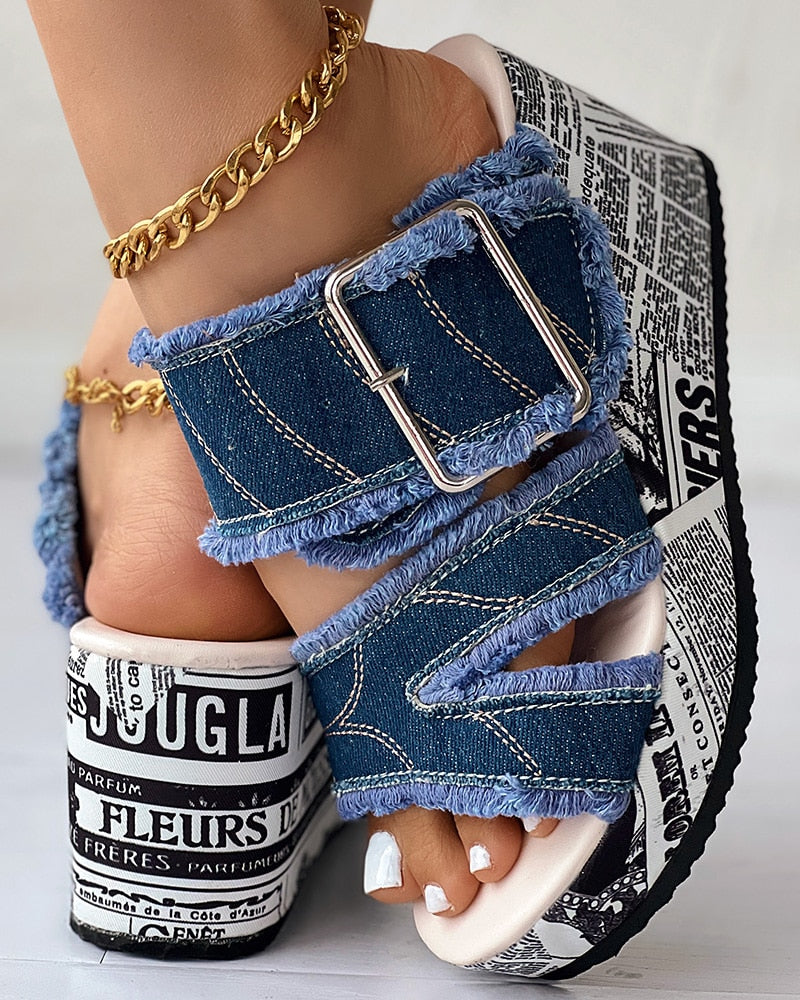 Newspaper Buckled Denim Wedge Slippers Women Sandals - myfunfarm