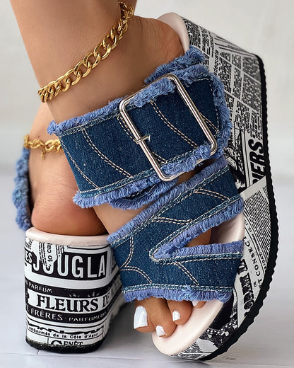 Newspaper Buckled Denim Wedge Slippers Women Sandals - myfunfarm