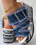 Newspaper Buckled Denim Wedge Slippers Women Sandals