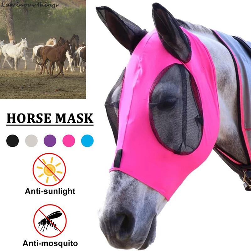 1pc Anti-Fly Mesh Equine Horse Mask Stretch Bug Eye with Covered Ears Long Nose