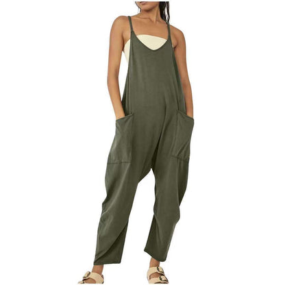 Women Casual Jumpsuit Summer Solid Loose Wide Leg Pants Bib Overall Pocket - myfunfarm