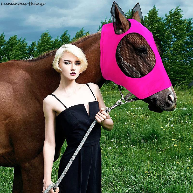 1pc Anti-Fly Mesh Equine Horse Mask Stretch Bug Eye with Covered Ears Long Nose