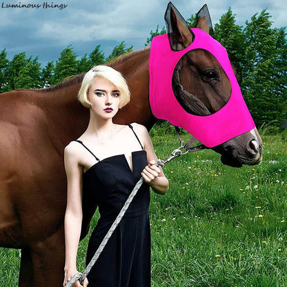 1pc Anti-Fly Mesh Equine Horse Mask Stretch Bug Eye with Covered Ears Long Nose