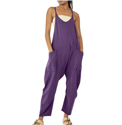Women Casual Jumpsuit Summer Solid Loose Wide Leg Pants Bib Overall Pocket - myfunfarm