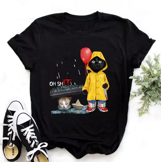 Funny Black Cat Print T-shirt for Women - myfunfarm
