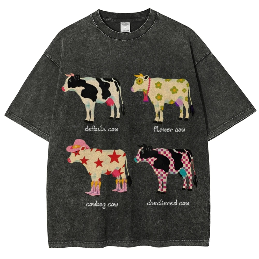 Cute Cartoon Cow Print T-Shirt Pure Cotton Washed - myfunfarm