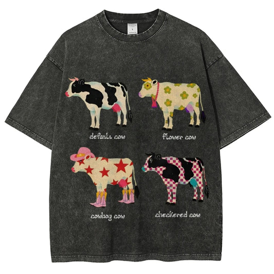 Cute Cartoon Cow Print T-Shirt Pure Cotton Washed - myfunfarm