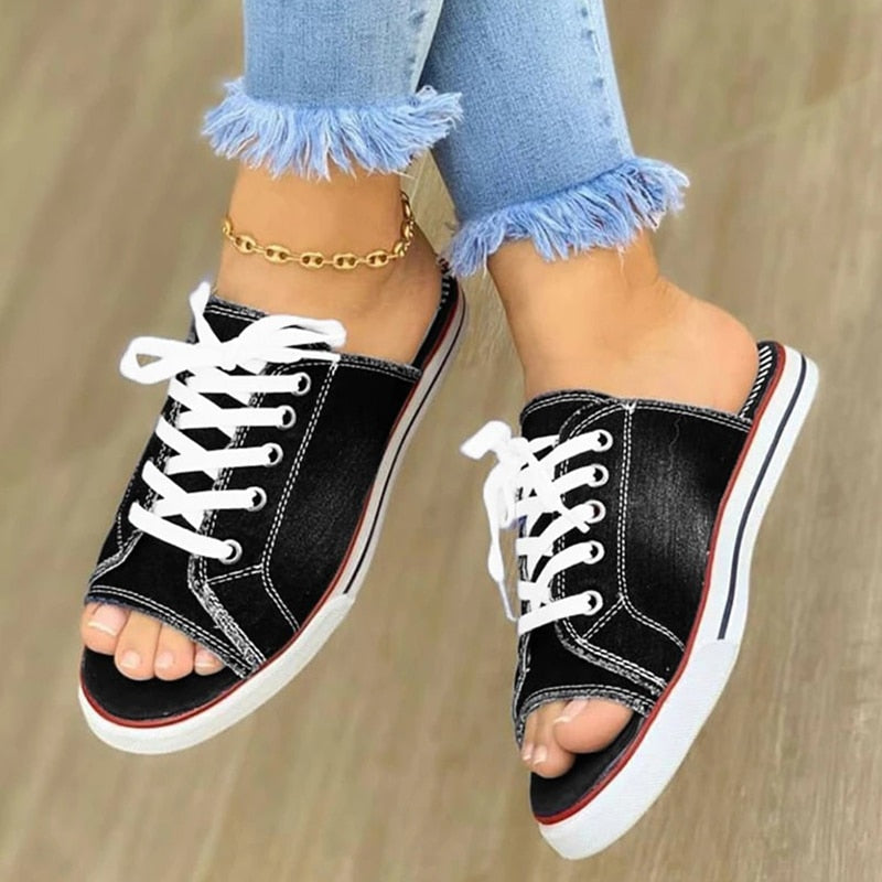 Ladies Slippers Canvas  Lace-up  Open-toed - myfunfarm