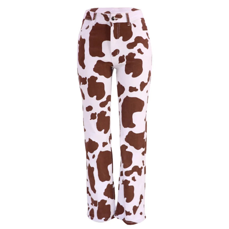 Cow Pattern High Waist Straight Jeans Women