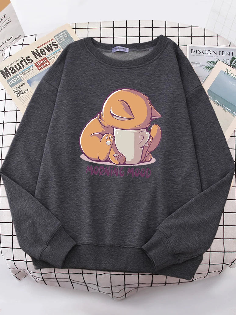Morning Mood Cat Is Looking At The Cup Lovely Sweatshirt Female Oversize - myfunfarm