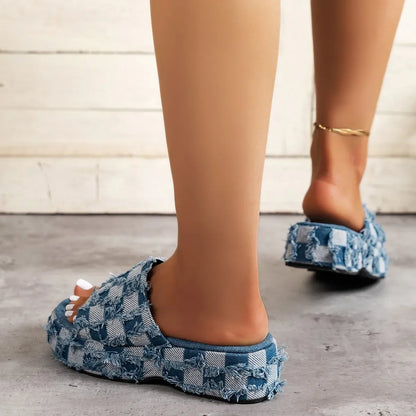 Women Denim Slides Summer Sandals - myfunfarm