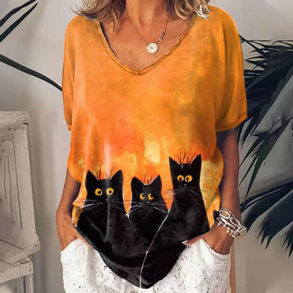 T-Shirt Cat Graphic V-neck Short Sleeve Tees Female