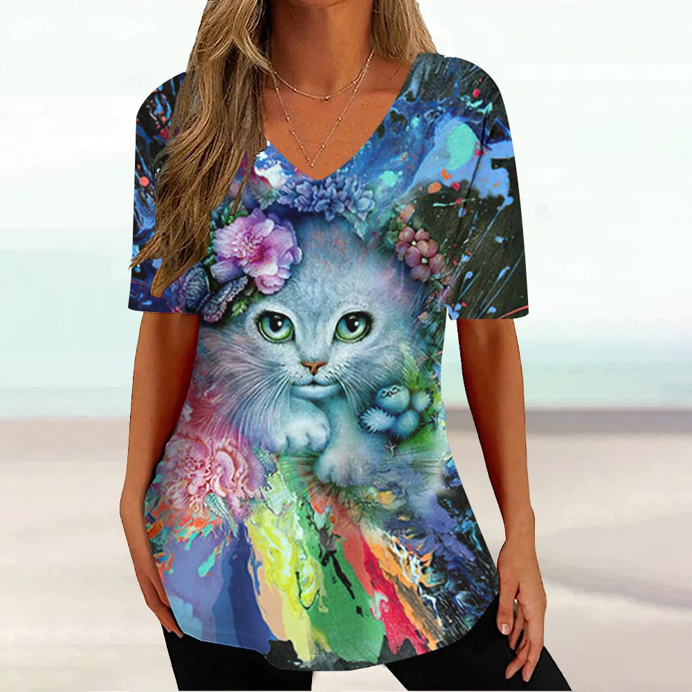 Colourful Cat painting print Tie-dye Graphic  V-Neck  Female Tees - myfunfarm