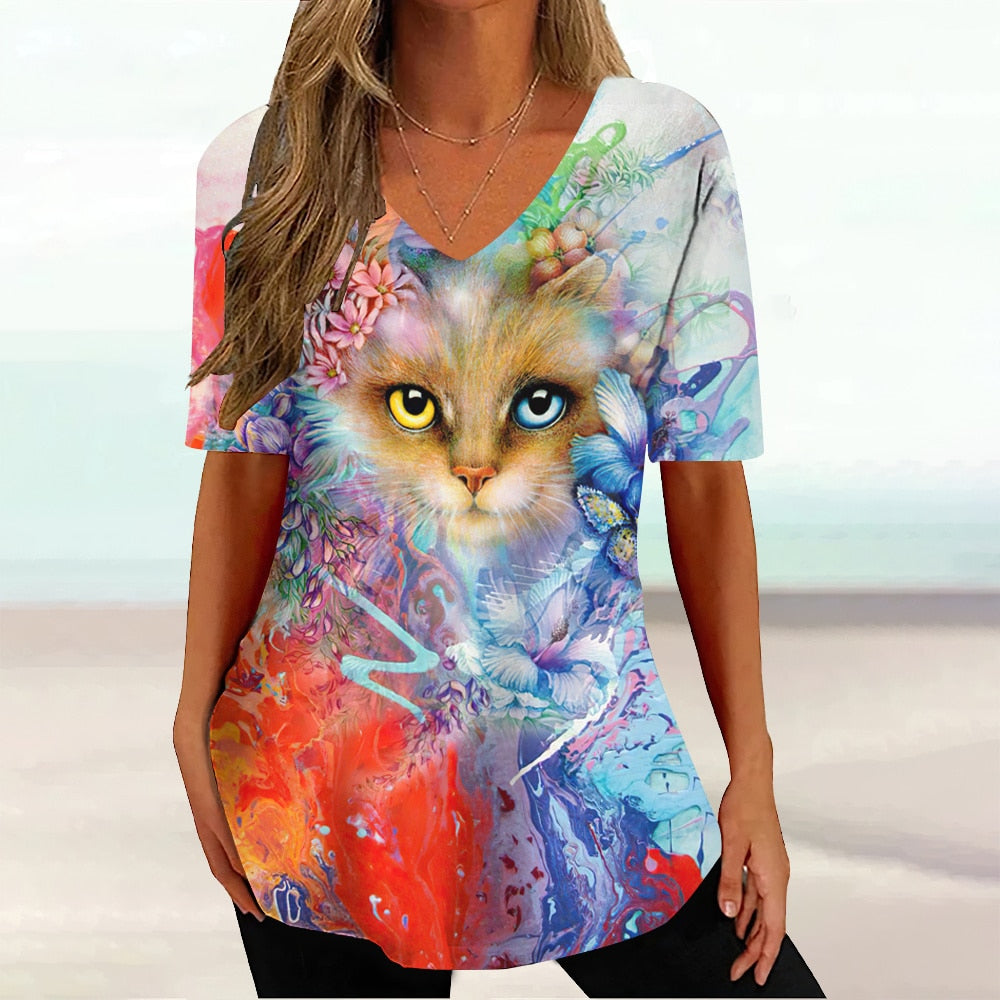 Colourful Cat painting print Tie-dye Graphic  V-Neck  Female Tees - myfunfarm