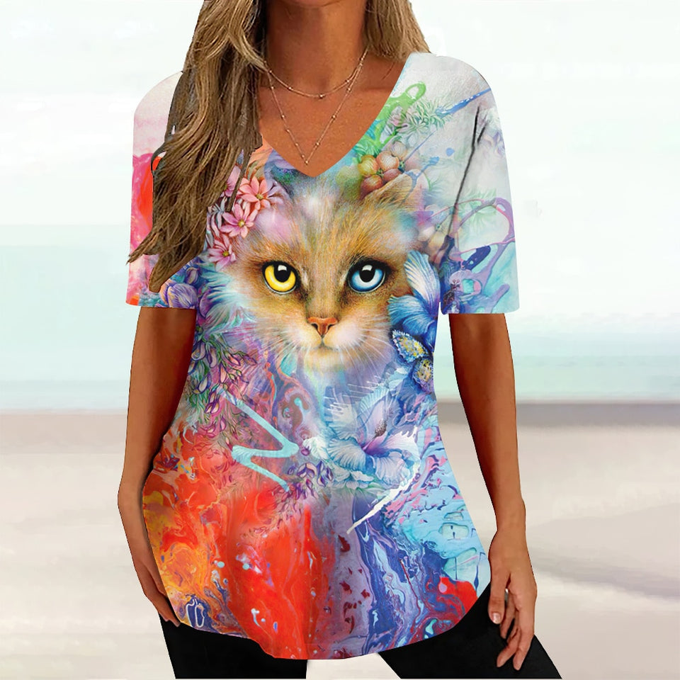 Colourful Cat painting print Tie-dye Graphic  V-Neck  Female Tees