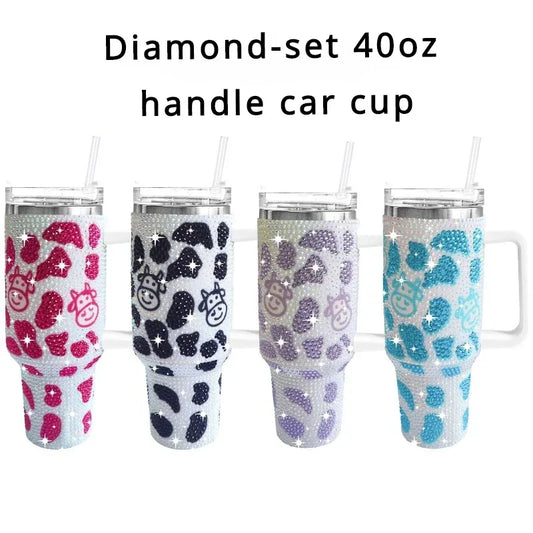 40oz Cow pattern Diamond Tumbler With Handle Insulated  Stainless Steel Coffee - myfunfarm