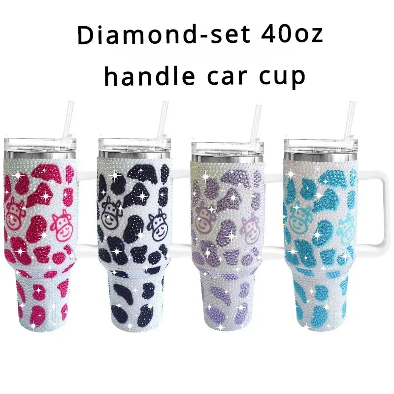 40oz Cow pattern Diamond Tumbler With Handle Insulated  Stainless Steel Coffee