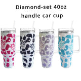 40oz Cow pattern Diamond Tumbler With Handle Insulated  Stainless Steel Coffee