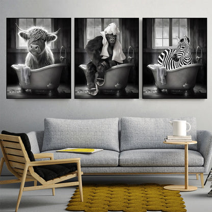 Funny Animal in Bathroom Poster Cow Giraffe Elephant Orangutan Zebra Sitting in Bathtub Canvas Painting Toilet Wall Art Pictures - myfunfarm