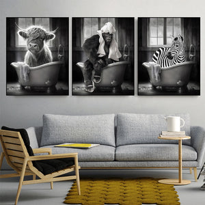 Funny Animal in Bathroom Poster Cow Giraffe Elephant Orangutan Zebra Sitting in Bathtub Canvas Painting Toilet Wall Art Pictures