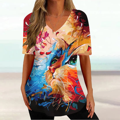 Colourful Cat painting print Tie-dye Graphic  V-Neck  Female Tees - myfunfarm