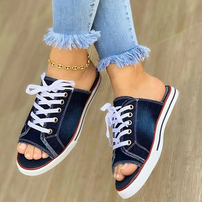 Ladies Slippers Canvas  Lace-up  Open-toed - myfunfarm