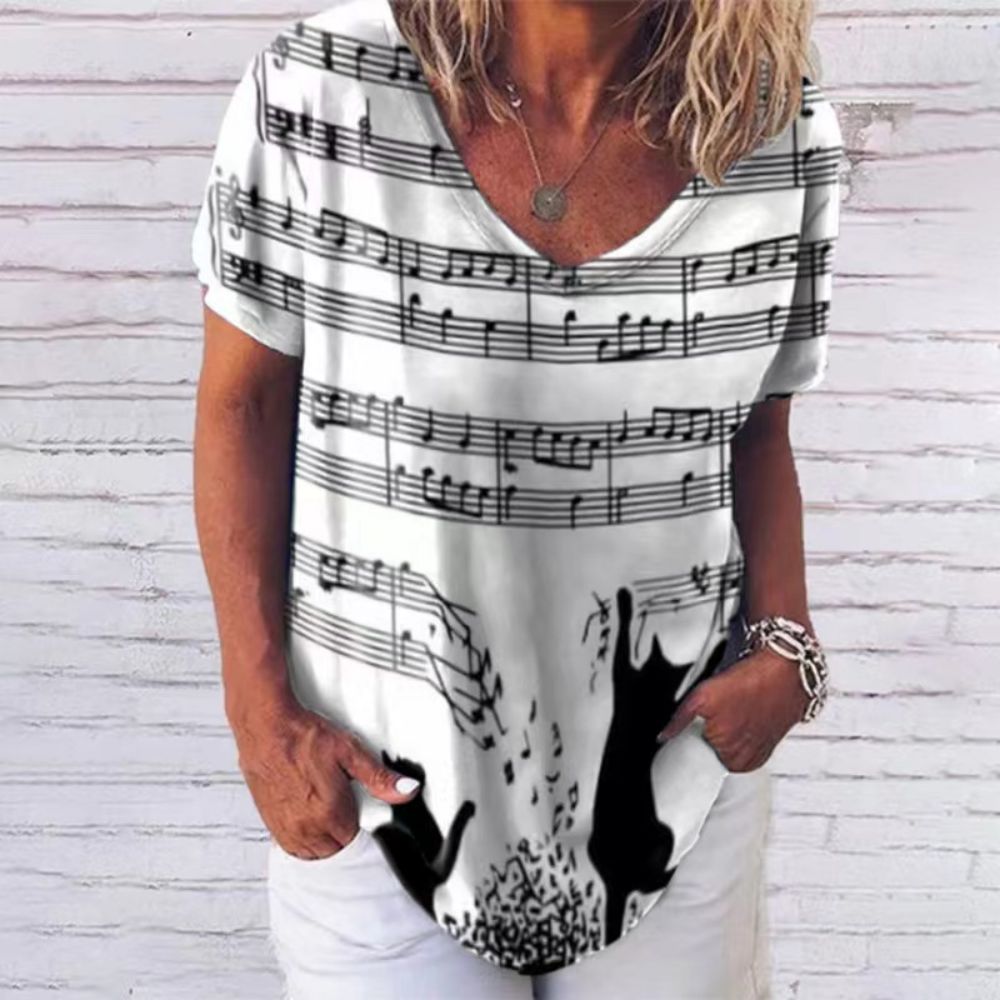 T-Shirt Cat Graphic V-neck Short Sleeve Tees Female - myfunfarm