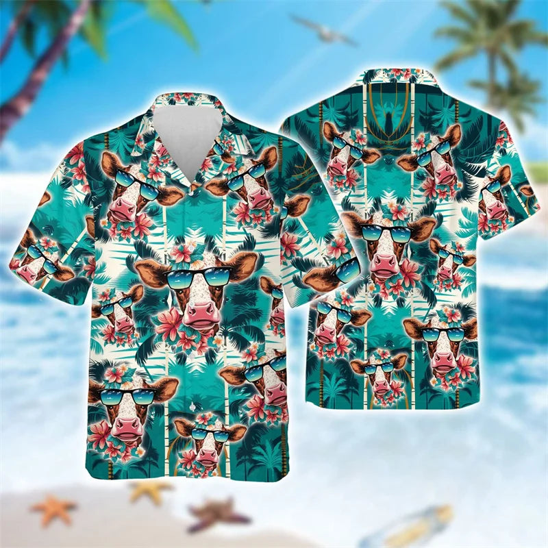 Funny Cow Printed Beach Hawaiian Shirts For Farmers